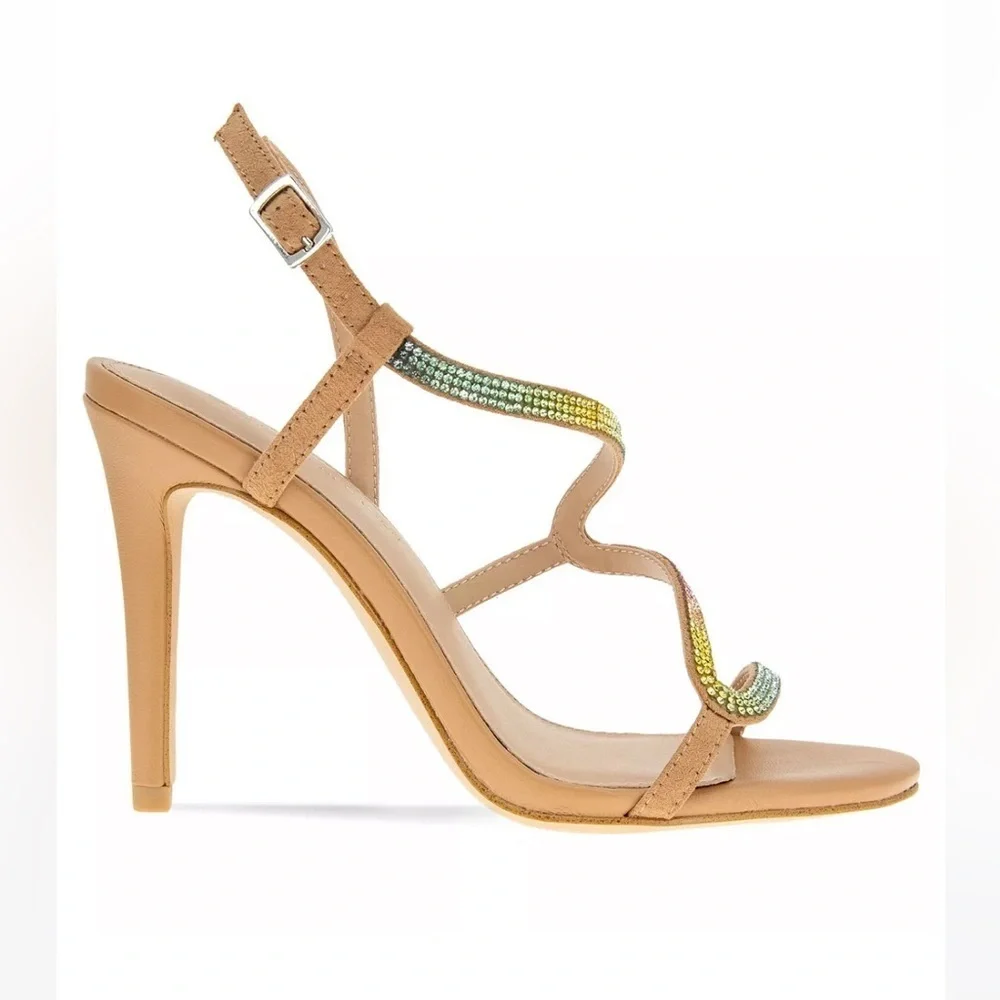 NWOT. BCBG Tan Rainbow Strap Heel Sandals Size 8